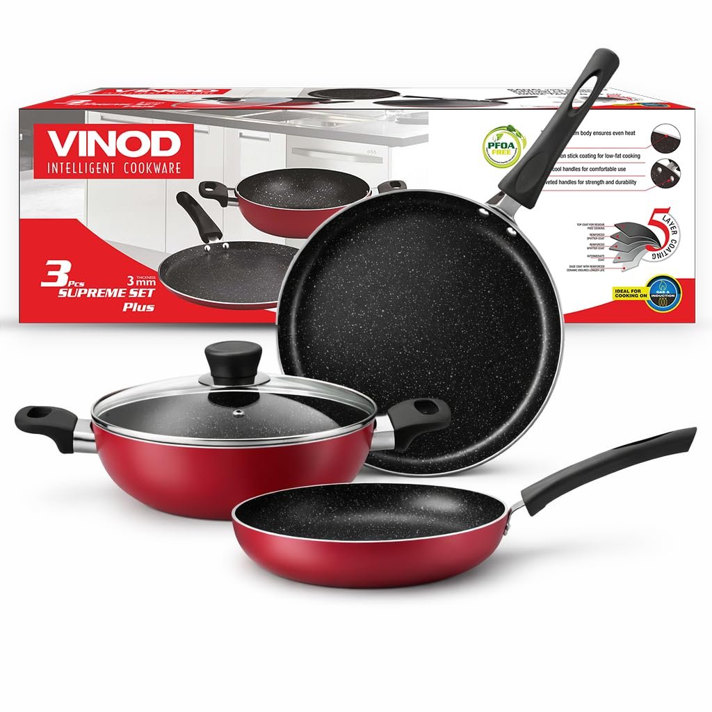 Vinod Supreme Plus Non-Stick Cookware Set Combo of 3 Pc - Frypan, Kadai & Dosa Tawa 1 Vinod Supreme Plus Non-Stick Cookware Set Combo of 3 Pc - Frypan, Kadai & Dosa Tawa