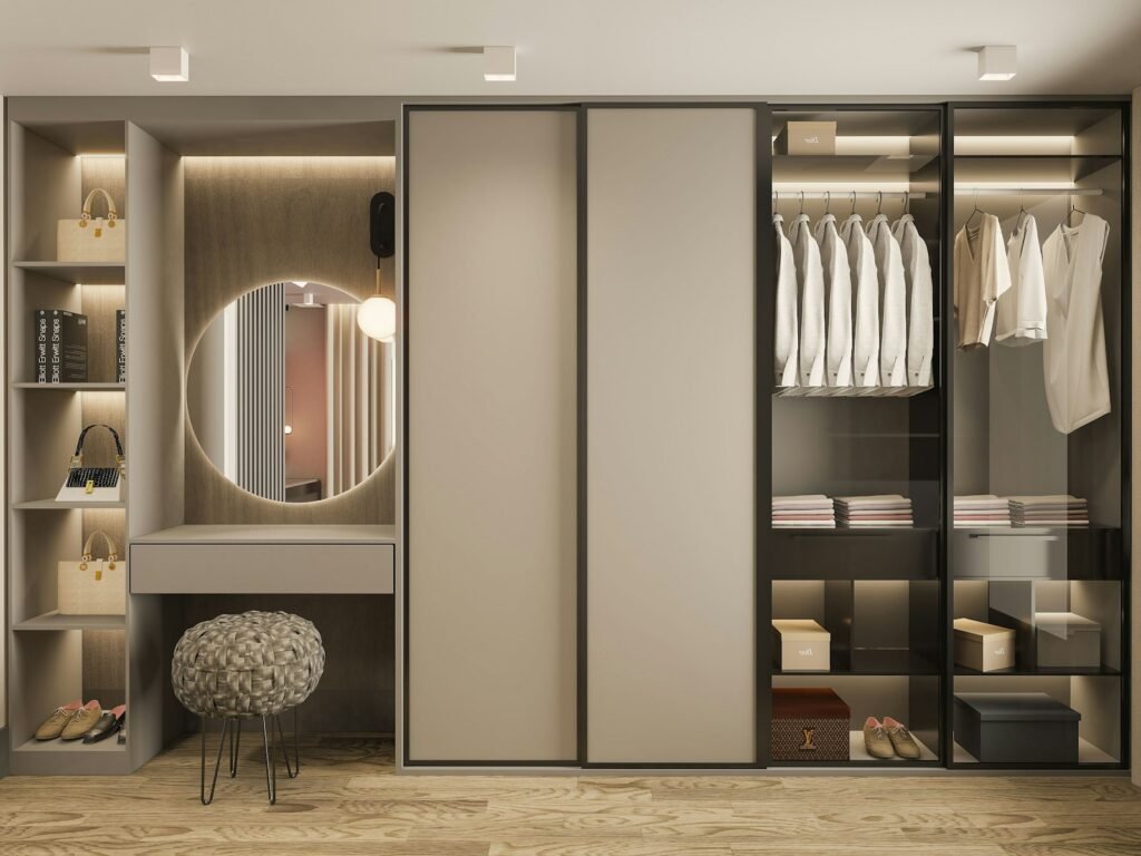 Custom walk-in wardrobe with full-length mirror door and organized storage